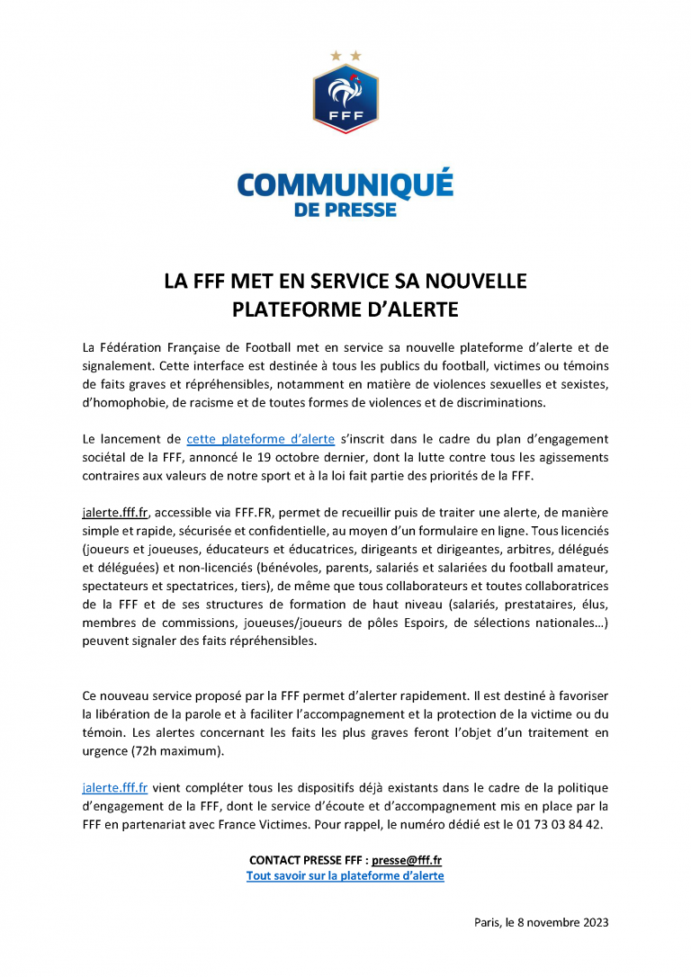LA FFF MET EN SERVICE SA NOUVELLE PLATEFORME D’ALERTE District de